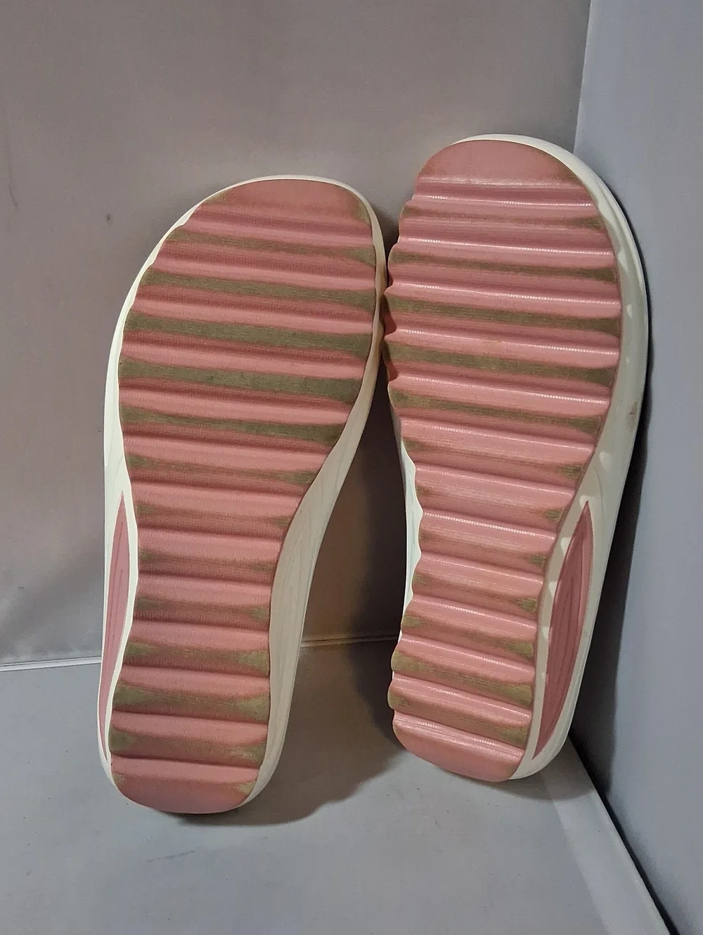 Pink and white 2 strap sandals, size 7
